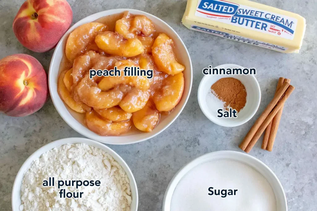 Small Batch Peach Cobbler for Two with Buttery Crumble Topping 11 Small Batch Peach Cobbler ingredients with sliced peaches butter flour sugar cinnamon and salt