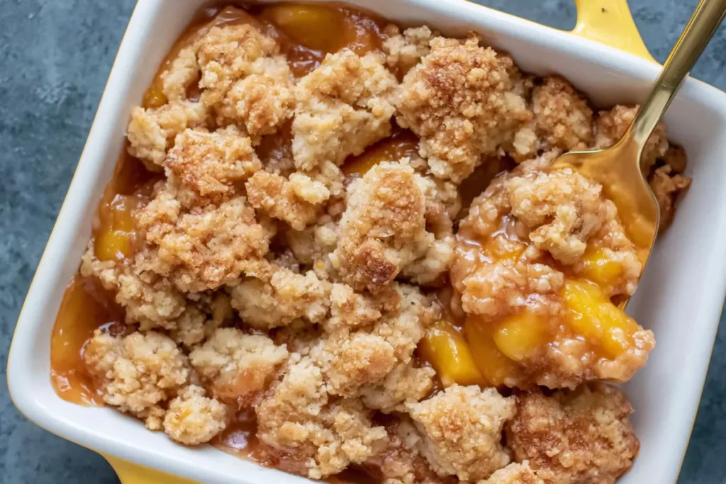 Small Batch Peach Cobbler for Two with Buttery Crumble Topping 10 Small Batch Peach Cobbler with golden crumble topping and warm peach filling served from a ramekin