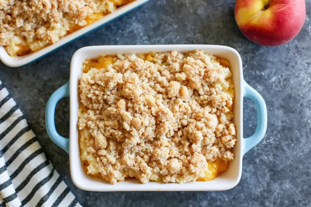Small Batch Peach Cobbler for Two with Buttery Crumble Topping 14 Small Batch Peach Cobbler ramekins filled with peach filling and buttery crumble topping before baking
