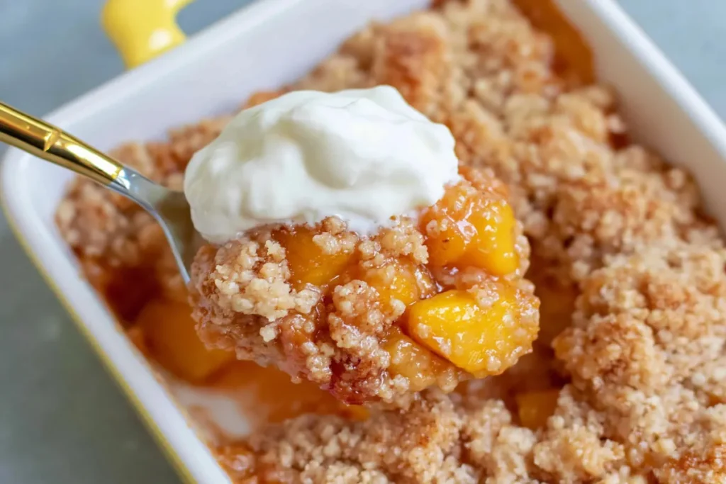 Small Batch Peach Cobbler for Two with Buttery Crumble Topping 16 Small Batch Peach Cobbler served warm with vanilla cream and buttery crumble topping