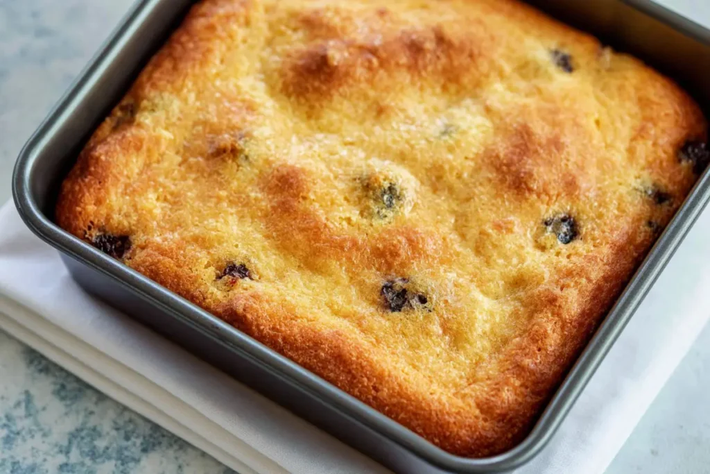 Sour Cherry Blondies with a Soft Toffee Center 16 Baked Sour Cherry Blondies cooling in a square pan with golden top and cherry pockets
