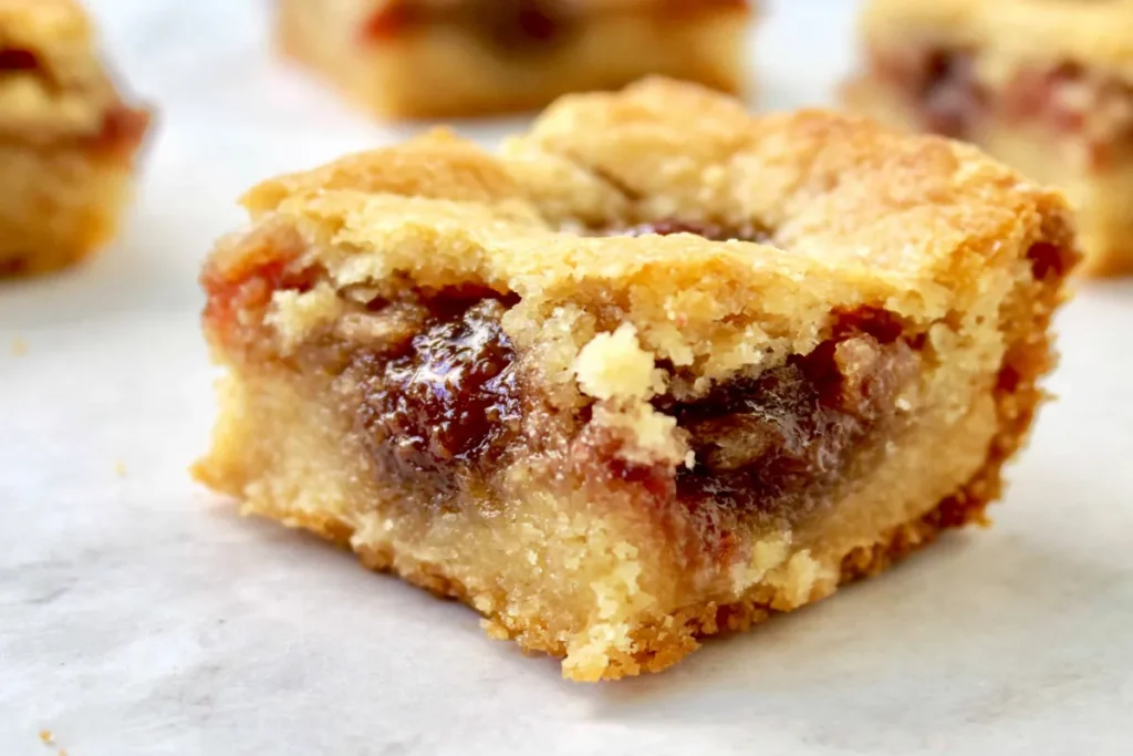 Sour Cherry Blondies with a Soft Toffee Center 17 Sour Cherry Blondies close up with tart cherry filling and soft golden crumb