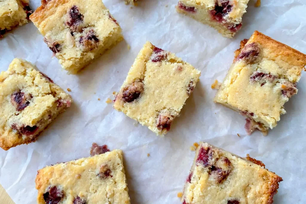 Sour Cherry Blondies with a Soft Toffee Center 18 Cut Sour Cherry Blondies squares on parchment paper with golden crumb and tart cherries
