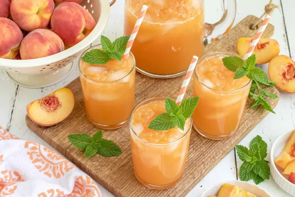 Southern Peach Tea with fresh peaches, mint, ice, and a pitcher ready to serve