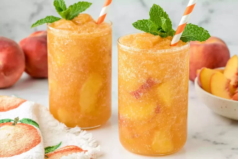 Chef Taha Ayad's Recipe Southern Peach Tea with fresh peaches, black tea, ice, and mint in tall glasses