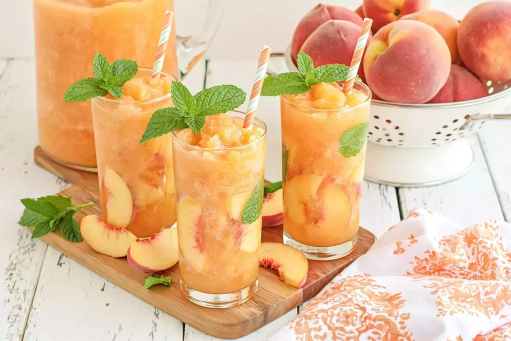 Southern Peach Tea served in glasses with frozen peach wedges, mint, and fresh peaches on a wooden board