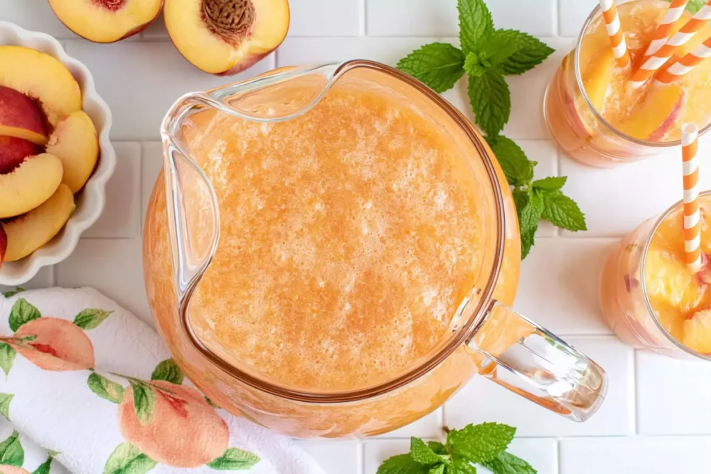 Southern Peach Tea pitcher with fresh peaches, mint, and serving glasses on a white kitchen counter