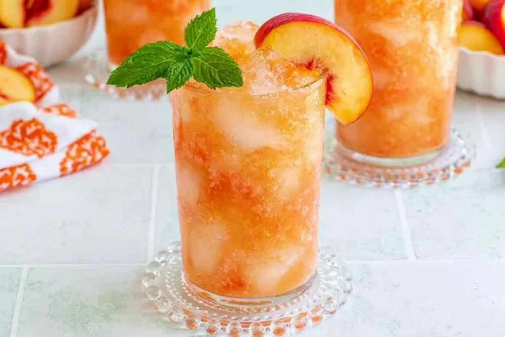 Southern Peach Tea served cold with ice, peach wedges, mint, and a pitcher of fresh peach tea