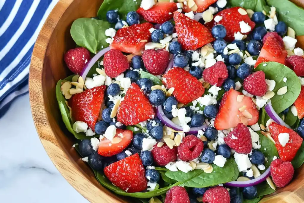 Spinach berry salad ingredients with strawberries blueberries raspberries feta almonds and red onion