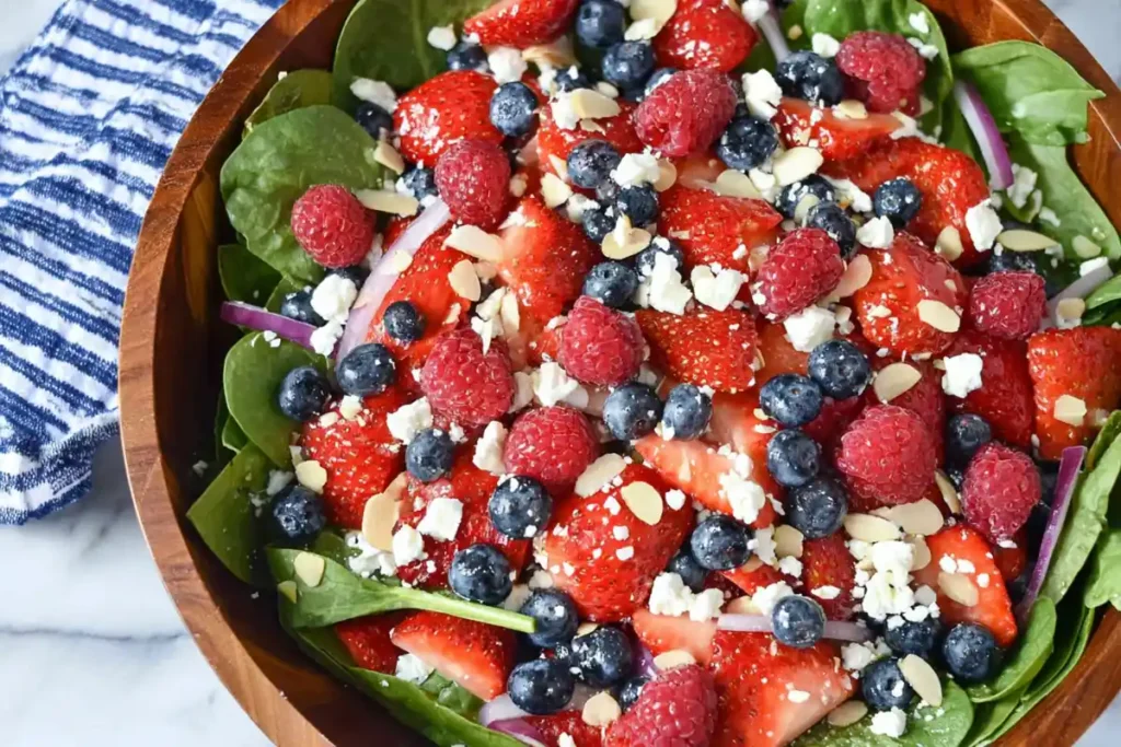Ready to serve spinach berry salad with feta almonds red onion and fresh mixed berries