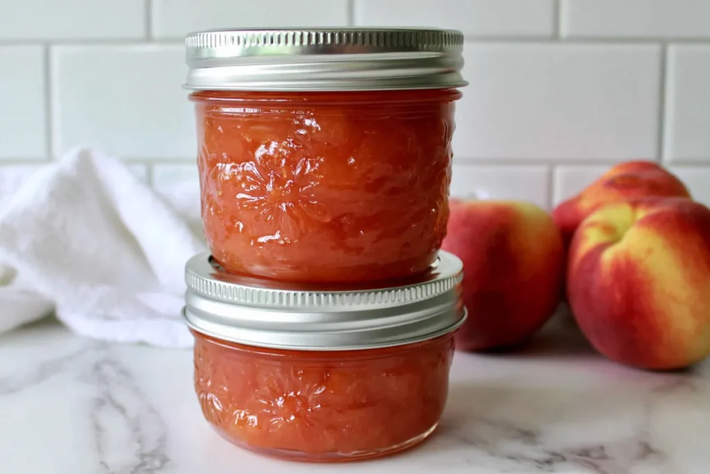 Nectarine Jam Without Pectin (With Canning and Storage Tips) 16 Stacked jars of Nectarine Jam with fresh nectarines for pantry storage