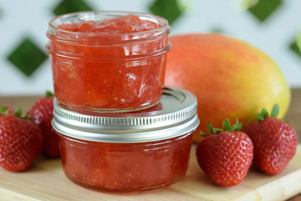 Strawberry Mango Jam That Captures Peak Summer Flavor 4 Strawberry Mango Jam jars with ripe mango and strawberries on a wooden board