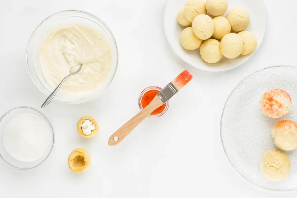Sweet Ricotta Peach Cookies (Pesche Dolci) with Citrus Ricotta Filling 18 Sweet Ricotta Peach Cookies assembly setup with ricotta filling food coloring sugar and baked cookie halves