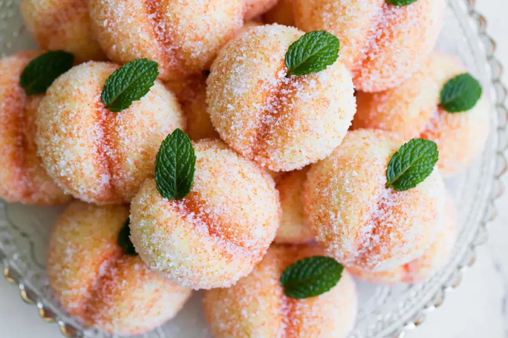 Sweet Ricotta Peach Cookies (Pesche Dolci) with Citrus Ricotta Filling 24 Sweet Ricotta Peach Cookies finished with mint leaves and citrus ricotta filling for serving