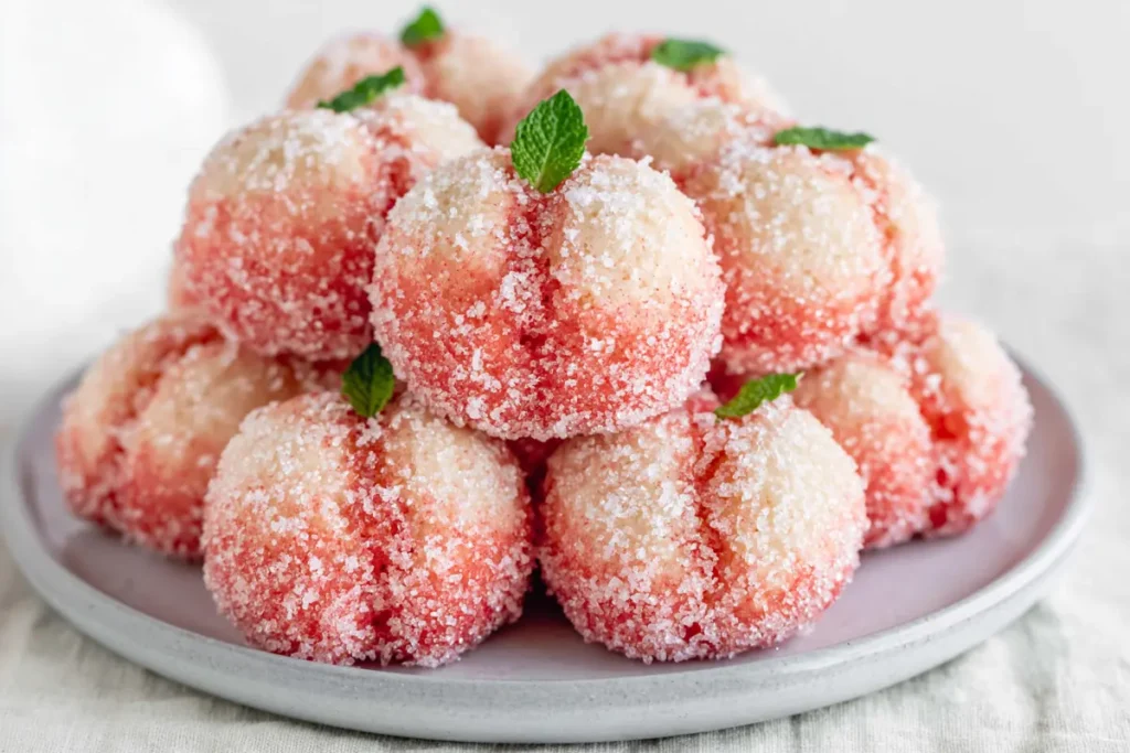 Sweet Ricotta Peach Cookies (Pesche Dolci) with Citrus Ricotta Filling 14 Sweet Ricotta Peach Cookies stacked on a glass platter with mint leaves and sugar coating