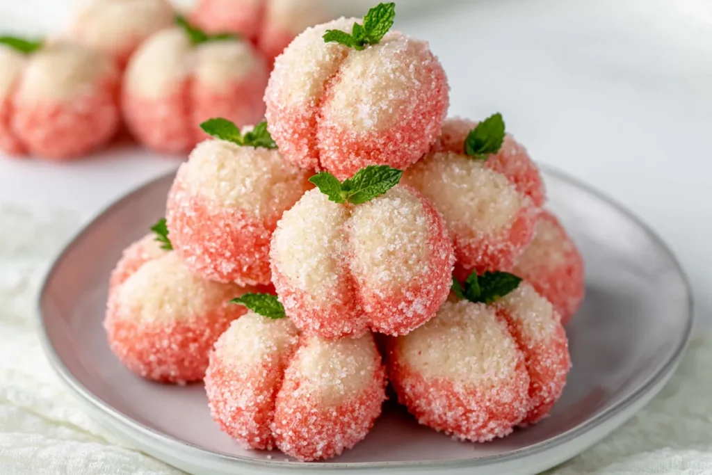 Sweet Ricotta Peach Cookies (Pesche Dolci) with Citrus Ricotta Filling 15 Sweet Ricotta Peach Cookies on a pink plate inspired by Italian and Slovenian celebration desserts