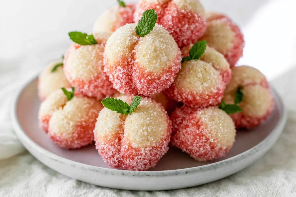 Sweet Ricotta Peach Cookies (Pesche Dolci) with Citrus Ricotta Filling 16 Sweet Ricotta Peach Cookies with creamy ricotta seams and sparkling sugar texture