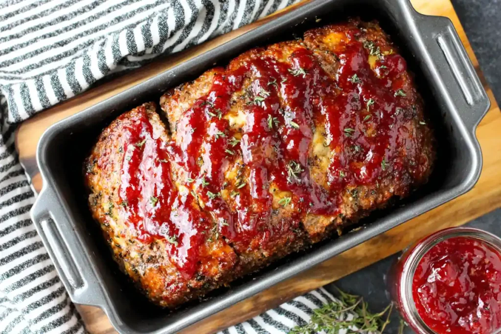 Tamarillo Meatloaf covered with glossy tamarillo jam glaze before final baking