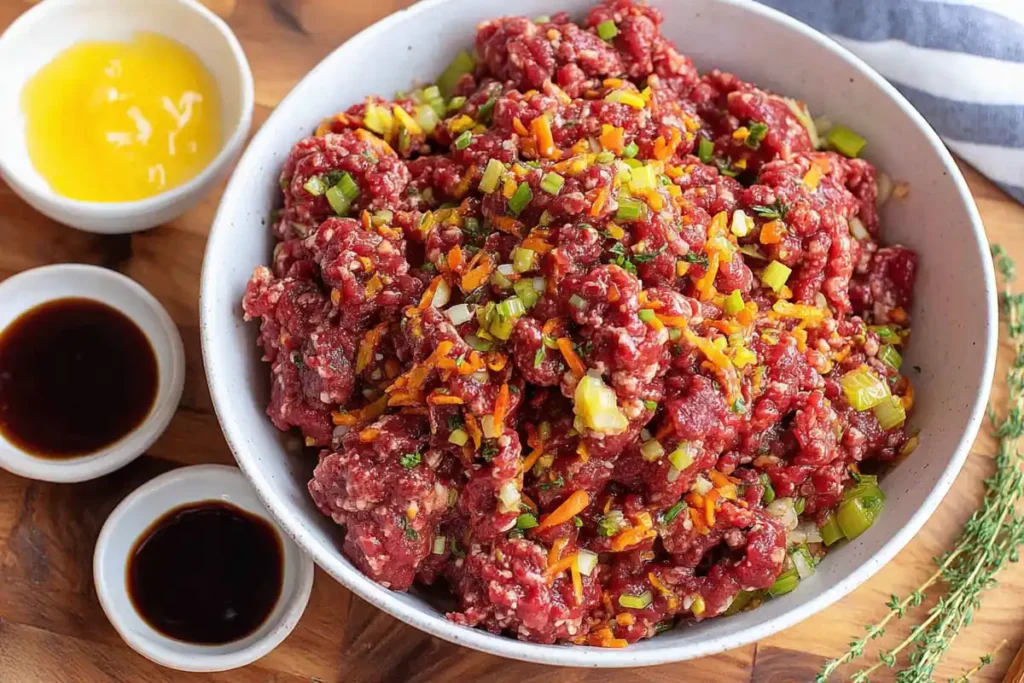 Seasoned Tamarillo Meatloaf mixture with vegetables and herbs before baking