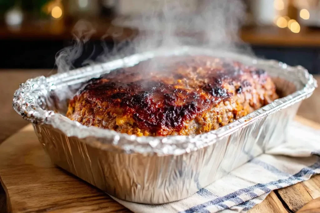 Tamarillo Meatloaf baking in a foil-covered water bath inside the oven