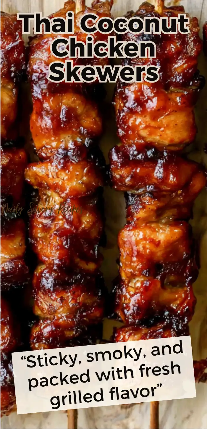 Thai Coconut Chicken Skewers recipe with grilled coconut-marinated chicken, pineapple, lime, and peanut sauce