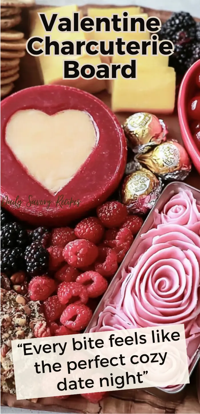 Valentine Charcuterie Board Ideas for a Cozy Date Night 7 Valentine Charcuterie Board recipe with cheeses cured meats berries crackers chocolate hearts and rosemary garnish