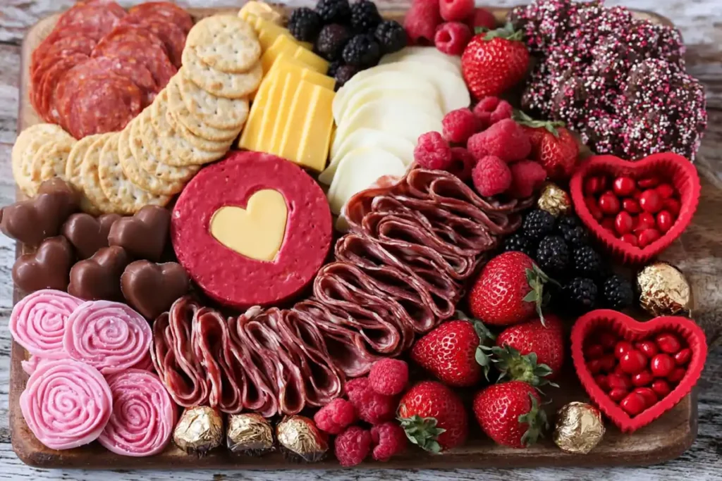 Valentine Charcuterie Board ingredient pairings with gouda salami berries crackers chocolates and pink cheese spread