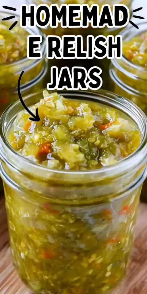 Homemade Sweet Cucumber Relish recipe in sealed canning jars with bright sweet pickle relish