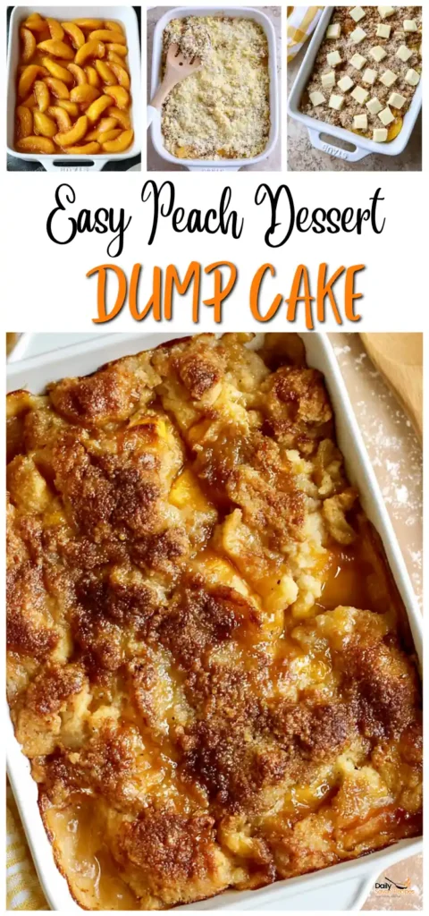 Peach Dump Cake recipe with golden cake topping and warm peach filling