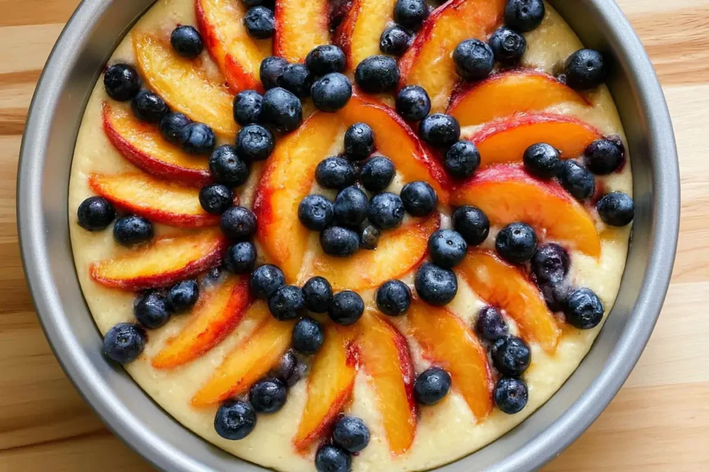 Peach and Blueberry Greek Yogurt Cake for Summer Baking 31 Unbaked Peach and Blueberry Greek Yogurt Cake topped with sliced peaches and blueberries