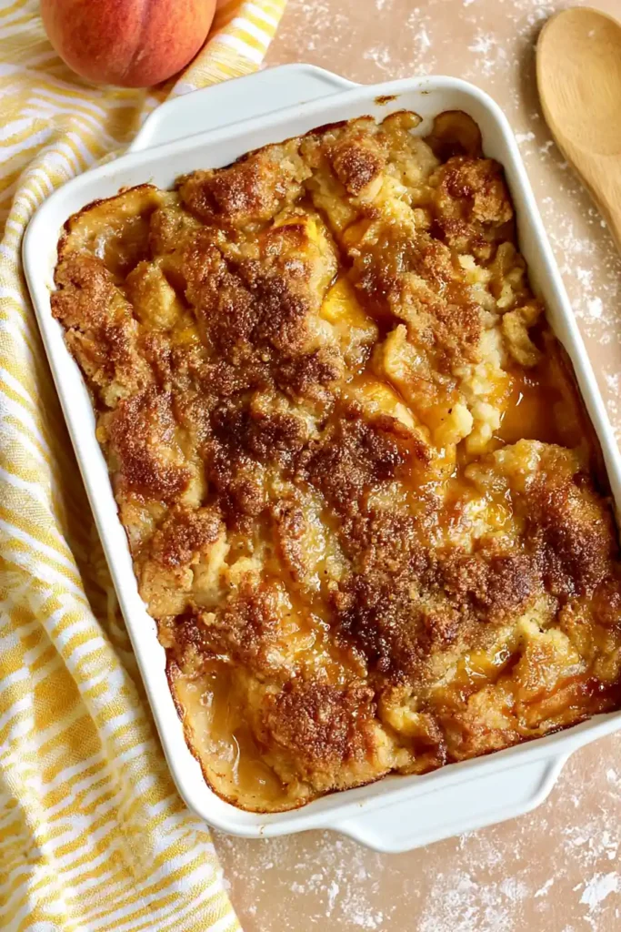 Golden baked Peach Dump Cake with cinnamon brown sugar topping in a white casserole dish