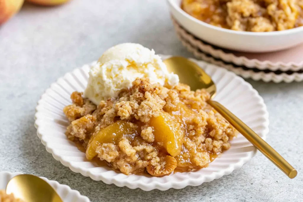 Baked Pineapple Crisp with golden oat crumble topping and vanilla ice cream