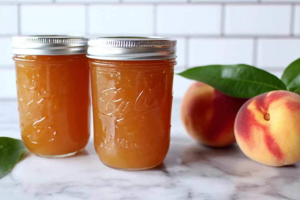 Canned Stovetop Peach Butter jars cooling on a kitchen towel