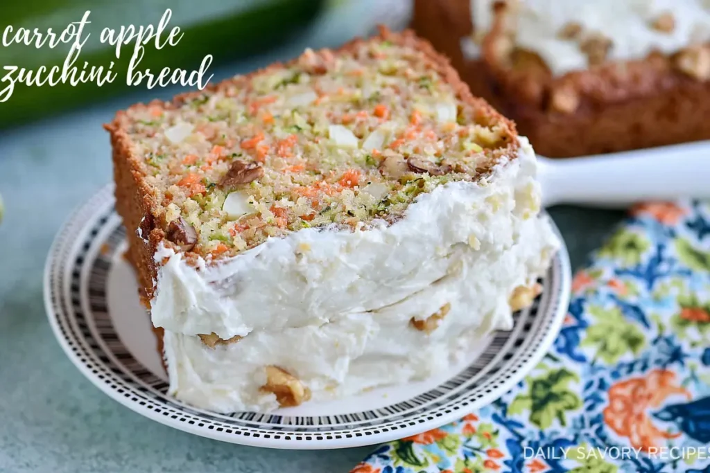 Carrot Apple Zucchini Bread ingredients with shredded carrots zucchini chopped apples and pecans in a mixing bowl