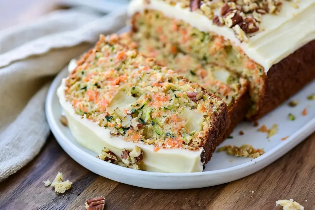 Carrot Apple Zucchini Bread sliced loaf with cream cheese orange glaze and visible carrot zucchini apple crumb