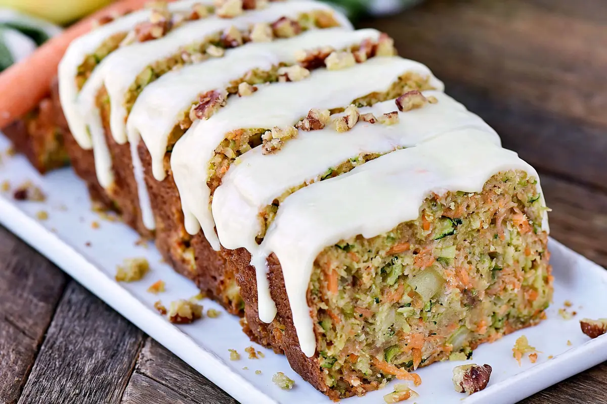 Carrot Apple Zucchini Bread with Cream Cheese Orange Glaze