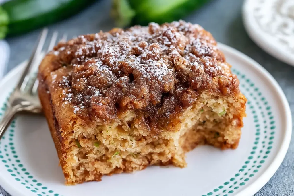 Cinnamon Zucchini Coffee Cake with a Brown Sugar Crumb Topping 29 Finished Cinnamon Zucchini Coffee Cake slice with brown sugar crumb topping and fresh zucchini