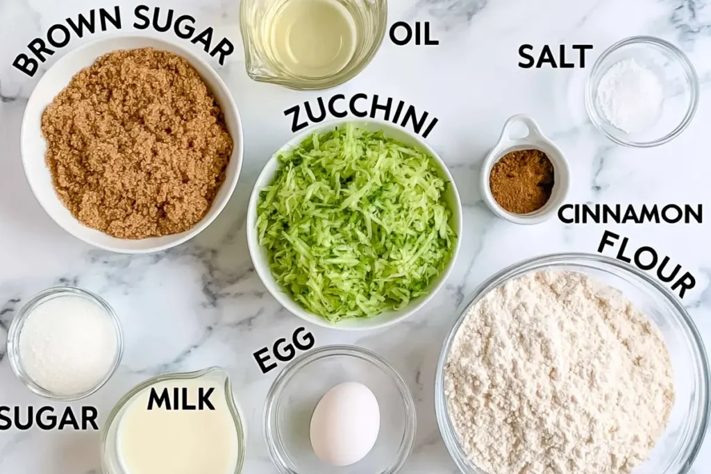 Cinnamon Zucchini Coffee Cake with a Brown Sugar Crumb Topping 27 Cinnamon Zucchini Coffee Cake ingredients with shredded zucchini flour cinnamon brown sugar milk oil and egg