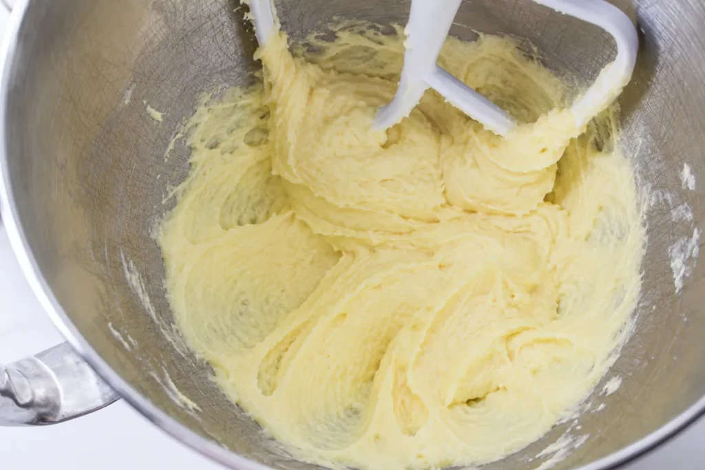 Peach Upside Down Cake batter with butter and sugar creamed until light and fluffy