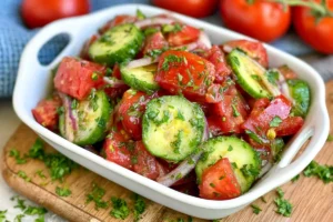 Home 9 Chef Taha Ayad's Recipe Cucumber Tomato Side Dish with Red Onion and Italian Dressing