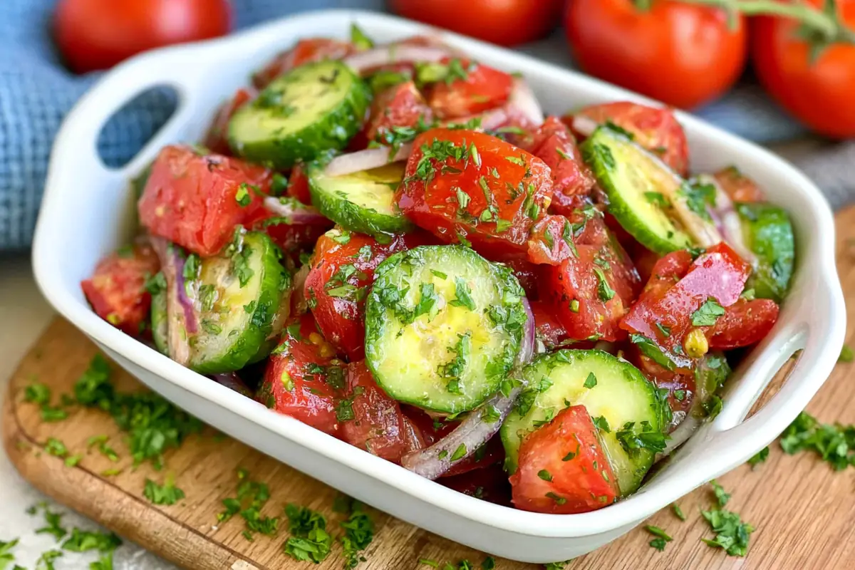 Cucumber Tomato Side Dish with Red Onion and Italian Dressing 20 Chef Taha Ayad's Recipe Cucumber Tomato Side Dish with Red Onion and Italian Dressing