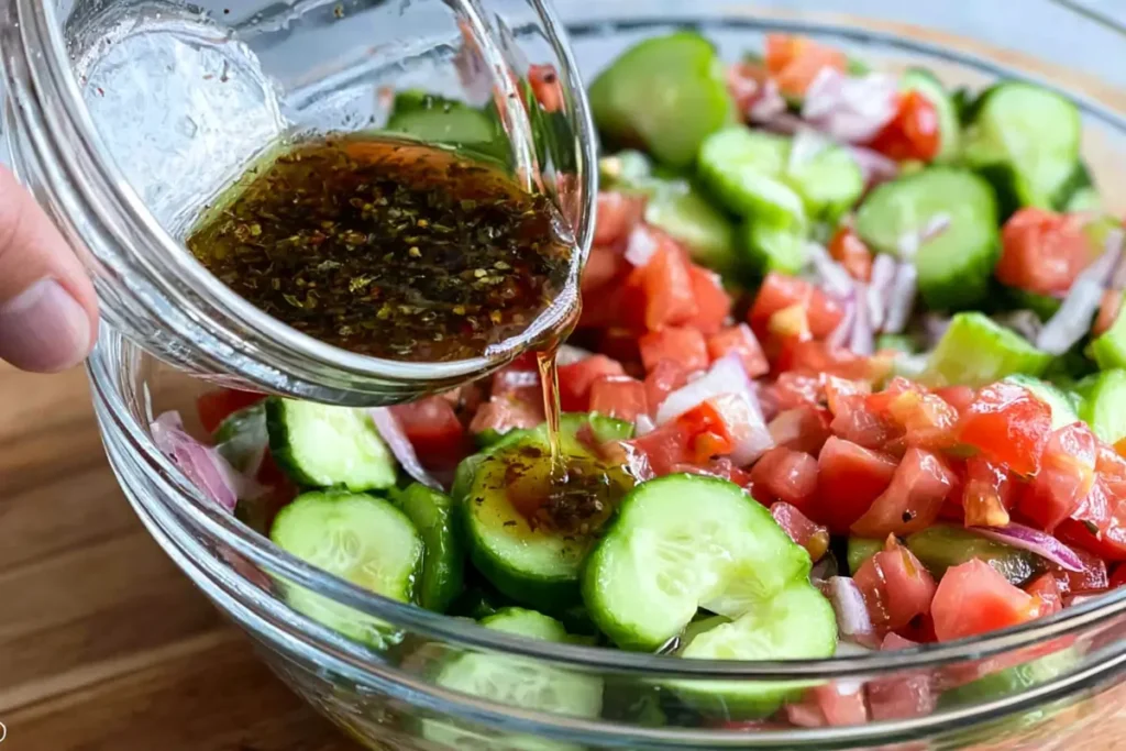 Cucumber Tomato Side Dish with Red Onion and Italian Dressing 22 Cucumber Tomato Side Dish with Italian herb dressing ready to toss