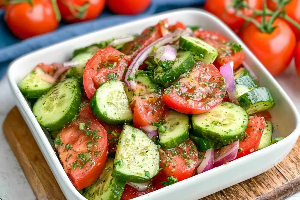 Cucumber Tomato Side Dish with Red Onion and Italian Dressing 24 Cucumber Tomato Side Dish served in a white bowl with red onion and herbs
