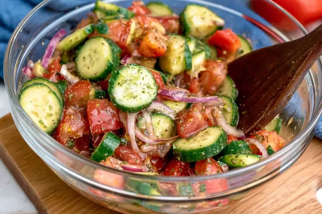 Cucumber Tomato Side Dish with Red Onion and Italian Dressing 23 Freshly tossed Cucumber Tomato Side Dish in a glass mixing bowl