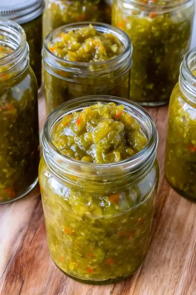 Filled Jars of Homemade Sweet Cucumber Relish Before Canning