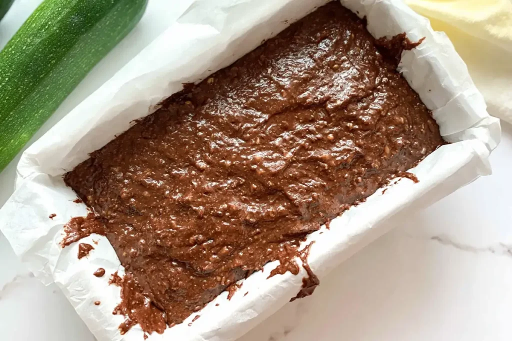Keto Chocolate Zucchini Bread That Stays Rich and Moist 35 Keto Chocolate Zucchini Bread batter poured into a parchment lined loaf pan before baking