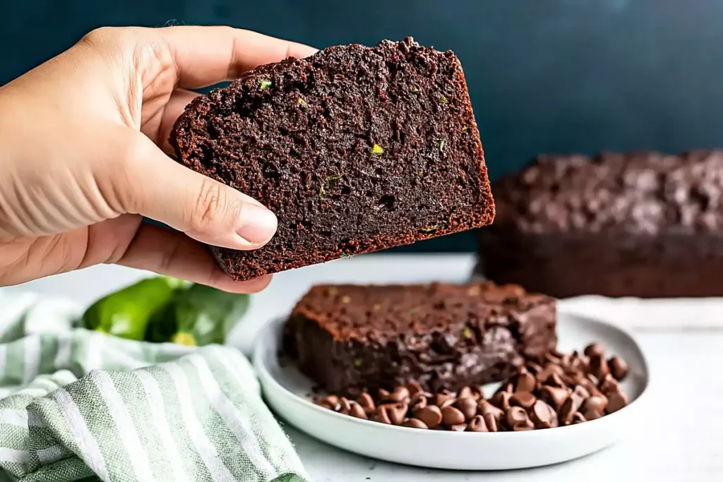 Keto Chocolate Zucchini Bread That Stays Rich and Moist 38 Keto Chocolate Zucchini Bread slices served on a white plate with chocolate chips and zucchini