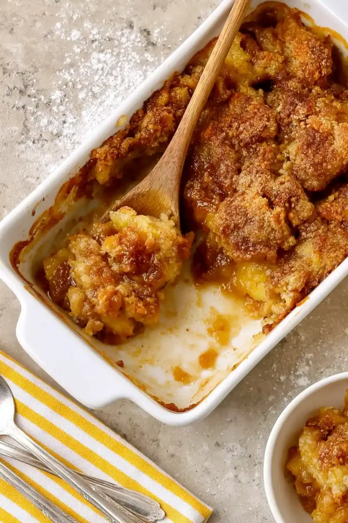 Leftover Peach Dump Cake in a white casserole dish ready for storing and reheating