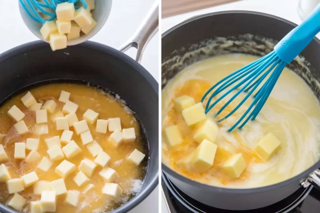 Lemon Curd Cheesecake curd cooking with butter in a saucepan