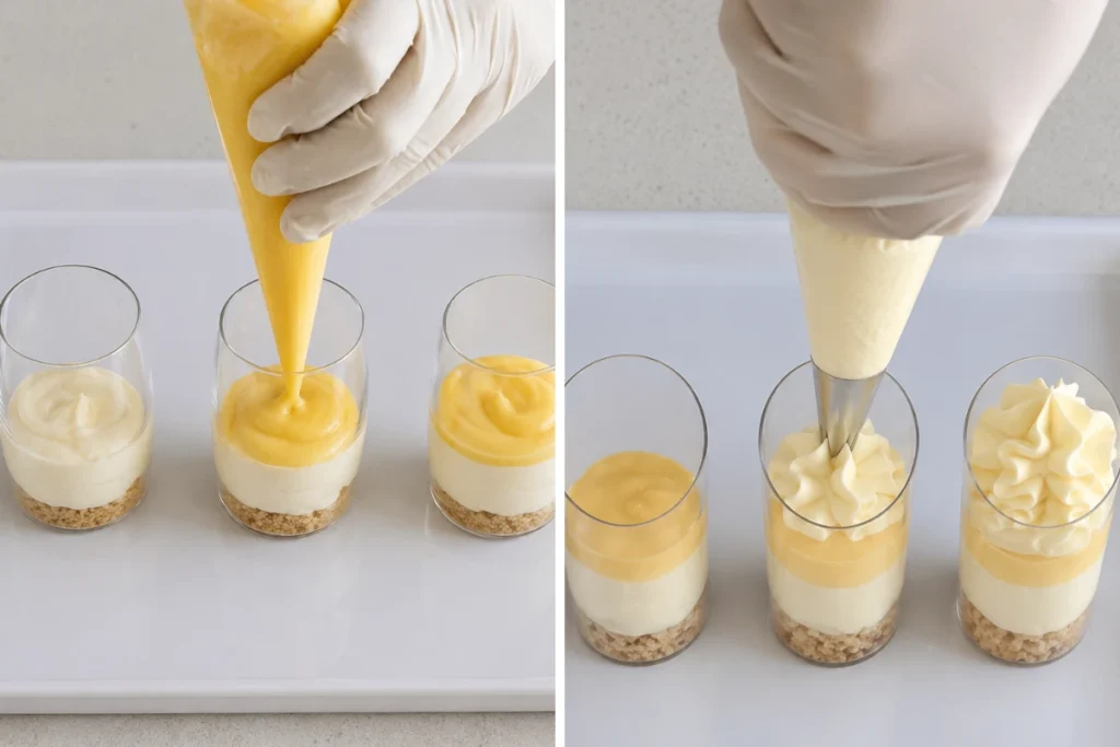 Lemon curd layer and ruffled mousse topping in Lemon Curd Cheesecake cups